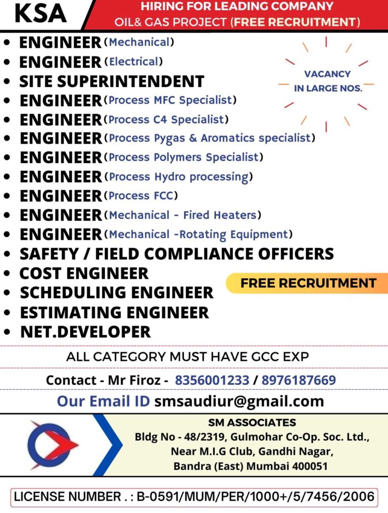 HIRING FOR LEADING COMPANYKSA OIL& GAS PROJECT FREE RECRUITMENT – Googal Jobs