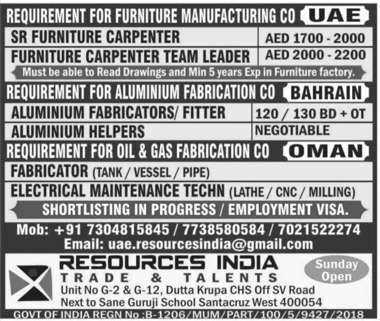 REQUIRED FOR MULTIPLE COMPANIES IN MIDDLE EAST – Googal Jobs