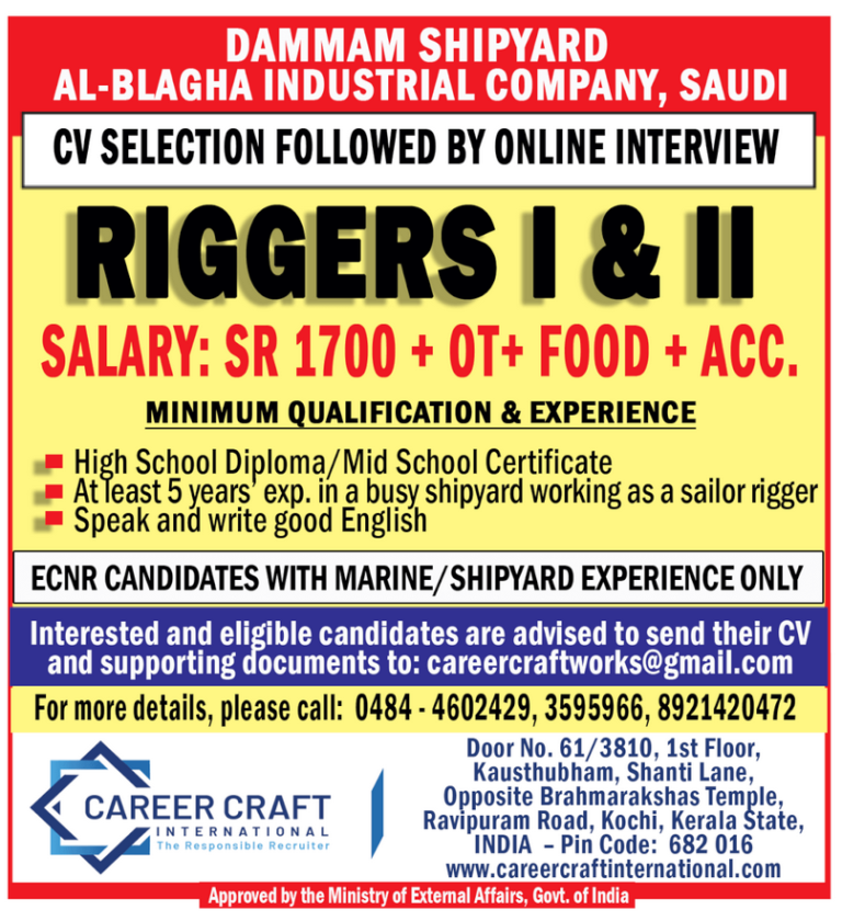 Urgent requirement of Riggers for Dammam shipyard al-blagha – Googal Jobs