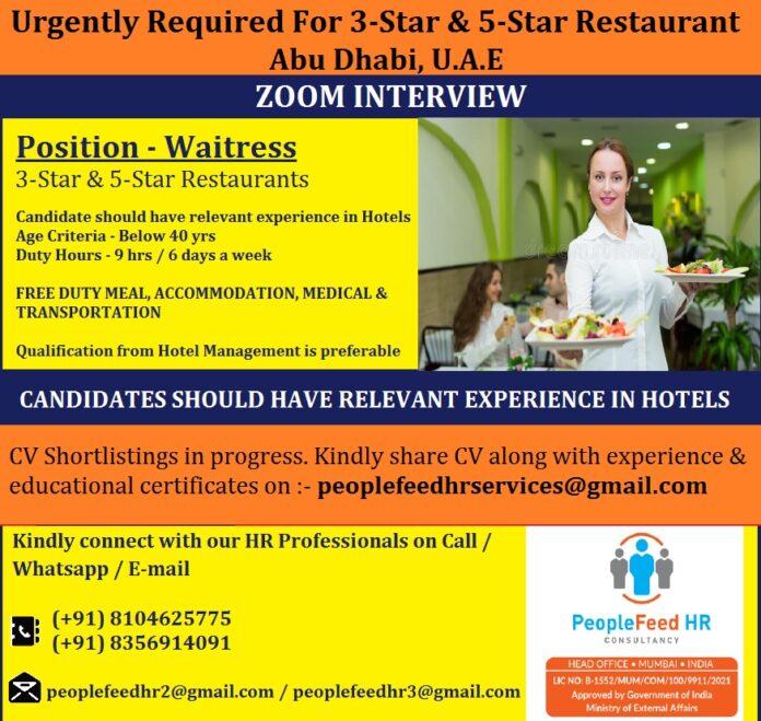 Urgently Required For 3-Star & 5-Star Restaurant Abu Dhabi, U.A.E  - Googal Jobs