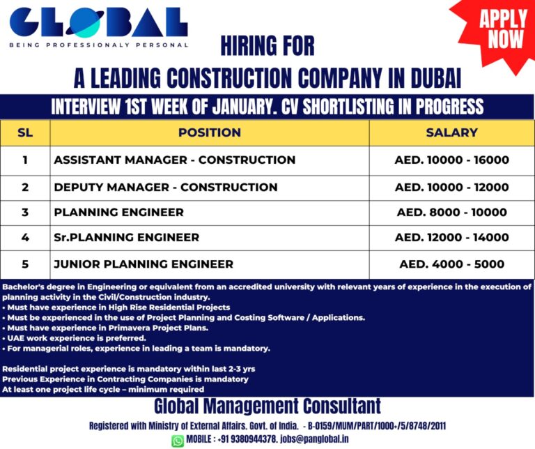 WANTED FOR A LEADING CONSTRUCTION COMPANY IN DUBAI  – Googal Jobs