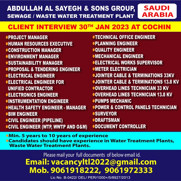 ABDULLAH AL SAYEGH & SONS GROUP, SEWAGE / WASTE WATER TREATMENT PLANT – Googal Jobs