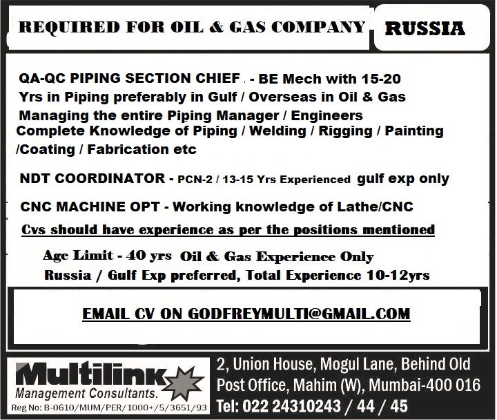 HIRING FOR OIL & GAS COMPANY RUSSIA Multiink Management Consultants – Googal Jobs
