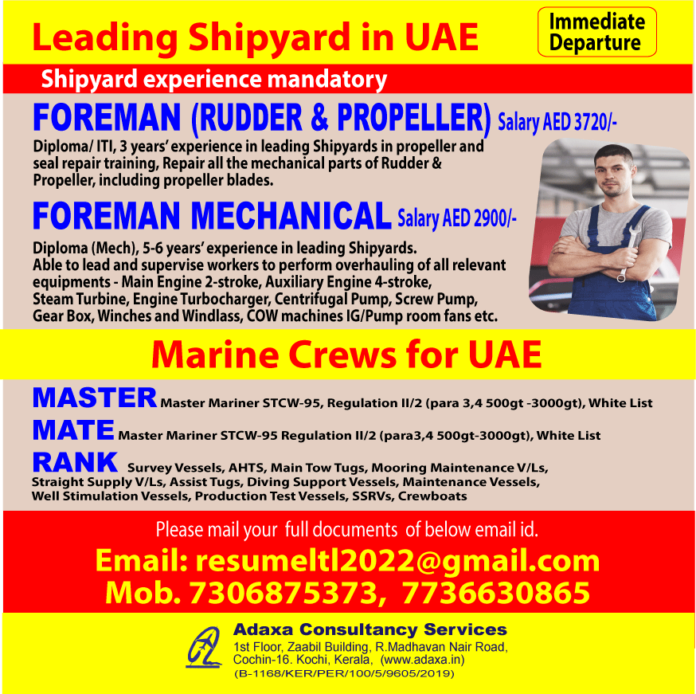 Hiring for Leading Shipyard in UAE 