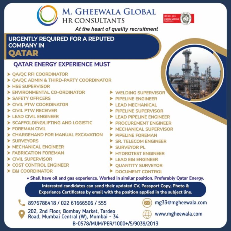 REQUIRED FOR REPUTED COMPANY IN QATAR M. GHEEWALA GLOBAL HR CONSULTANTS – Googal Jobs