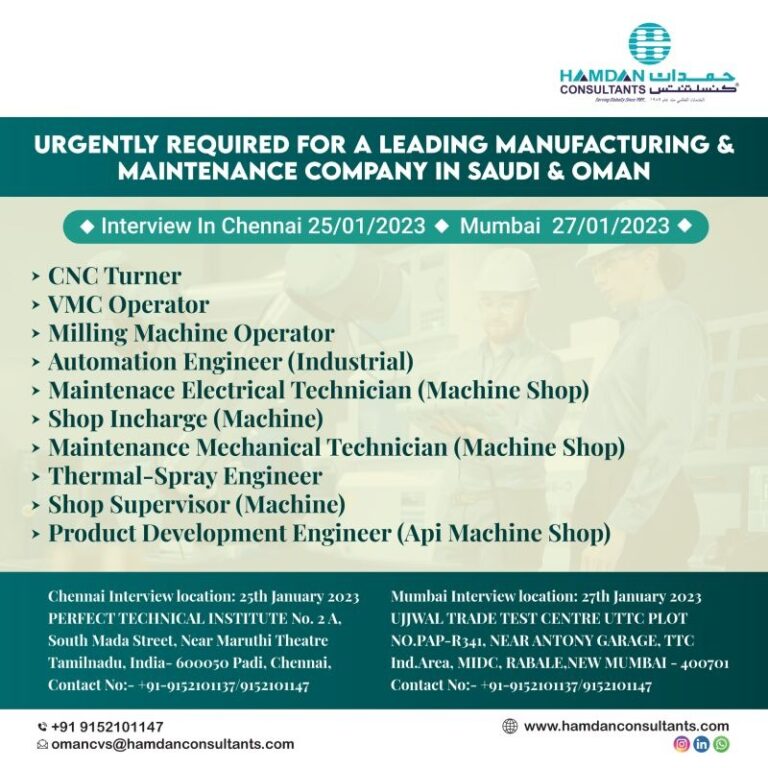 Required for a Leading Manufacturing & Maintenance Company in saudi and oman – Googal Jobs