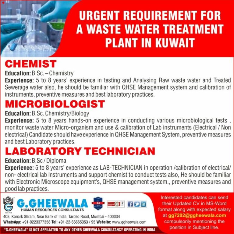 URGENT REQUIREMENT FOR A WASTE WATER TREATMENT PLANT IN KUWAIT  – Googal Jobs