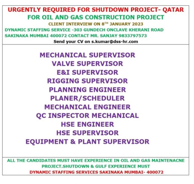 URGENTLY REQUIRED FOR SHUTDOWN PROJECT- QATAR FOR OIL AND GAS CONSTRUCTION PROJECT – Googal Jobs