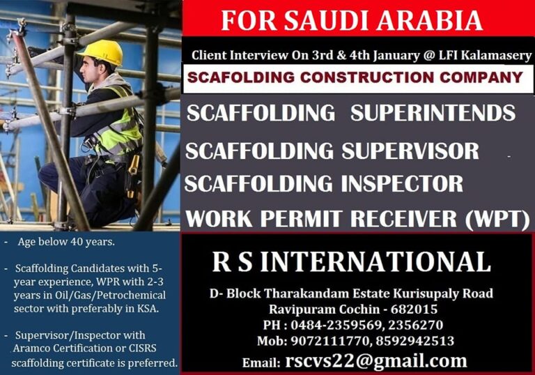 WANTED FOR SAUDI ARABIA - SCAFOLDING CONSTRUCTION COMPANY
