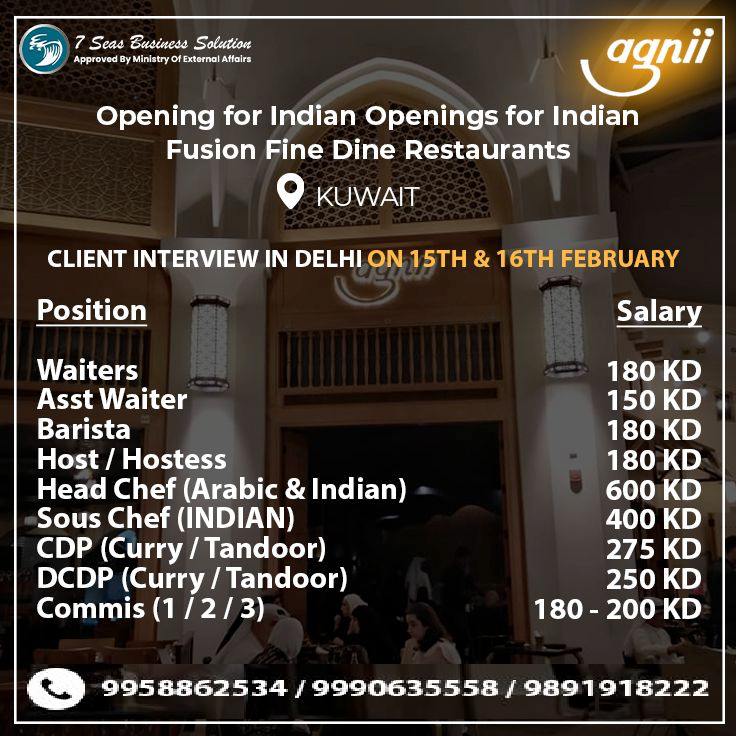Opening for Indian Fusion Fine Dine Restaurants in KUWAIT  – Googal Jobs