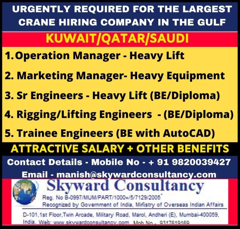 REQUIRED FOR THE LARGEST CRANE HIRING COMPANY IN THE GULF(KUWAIT/QATAR/SAUDI ) – Googal Jobs
