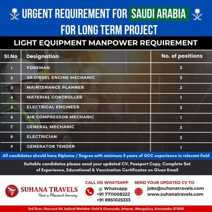 SAUDI ARABIA - LIGHT EQUIPMENT MANPOWER REQUIREMENT  - Googal Jobs