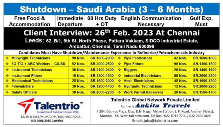 Shutdown Job Saudi Arabia 3 – 6 Months Talentrio – Googal Jobs