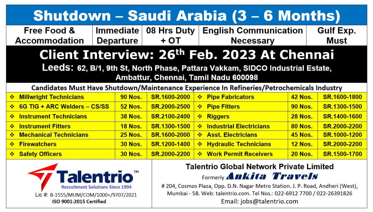 Shutdown Job Saudi Arabia 3 – 6 Months Talentrio - Googal Jobs