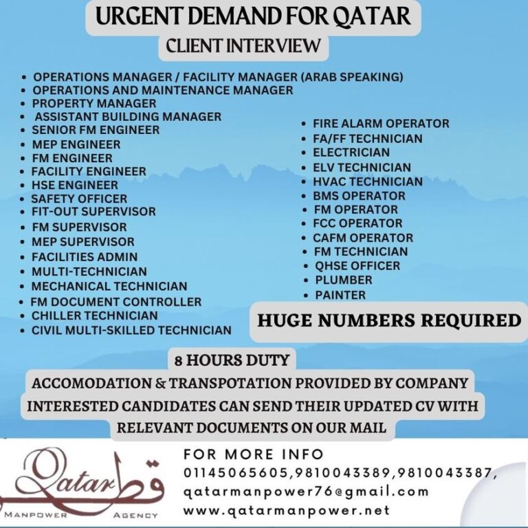 URGENT REQUIRED FOR QATAR HUGE NUMBERS REQUIRED – Googal Jobs