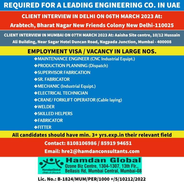 REQUIRED FOR A LEADING ENGINEERING CO. IN UAE – Googal Jobs