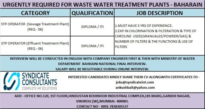 URGENTLY REQUIRED FOR WASTE WATER TREATMENT PLANTS - Googal Jobs