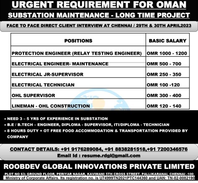 URGENT REQUIREMENT FOR OMAN SUBSTATION MAINTENANCE – LONG TIME PROJECT