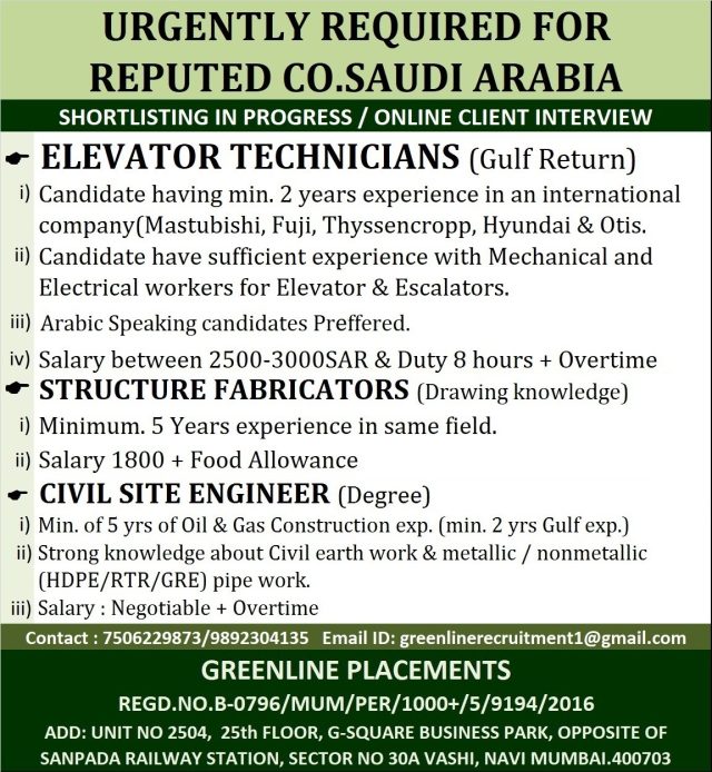 URGENTLY REQUIRED FOR REPUTED CO.SAUDI ARABIA 