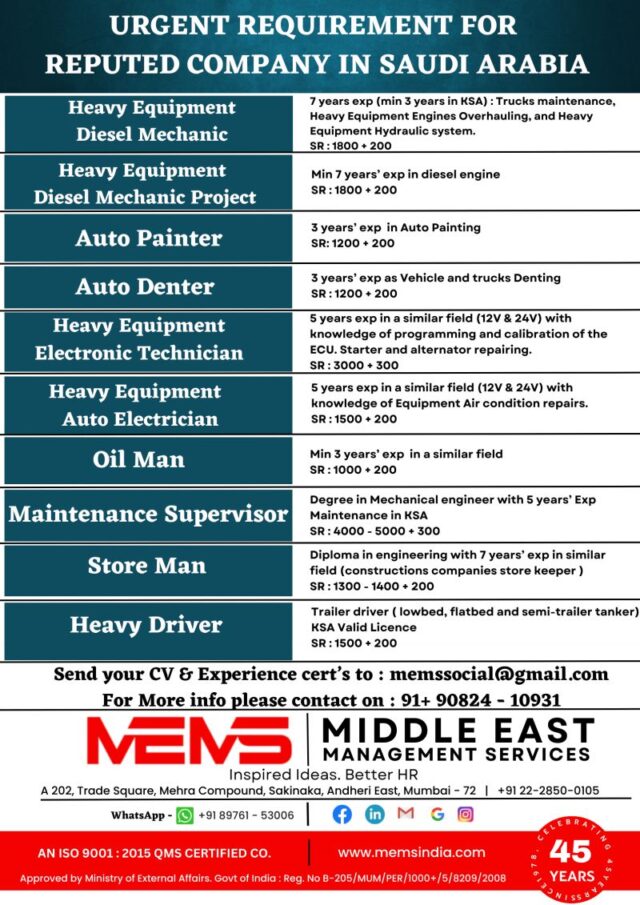 URGENT REQUIREMENT FOR A REPUTED COMPANY IN SAUDI ARABIA