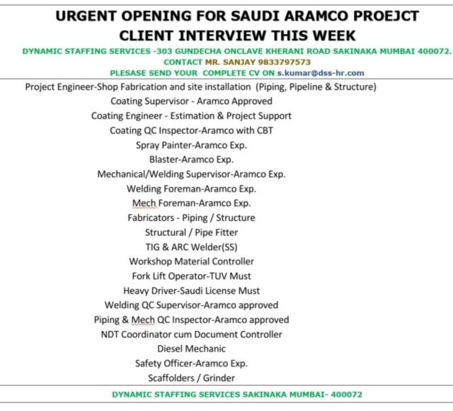 Urgent opening for Saudi Aramco Project.