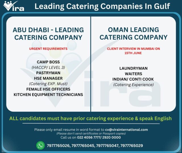RECRUITMENT FOR CATERING COMPANIES IN ABU DHABI & OMAN 