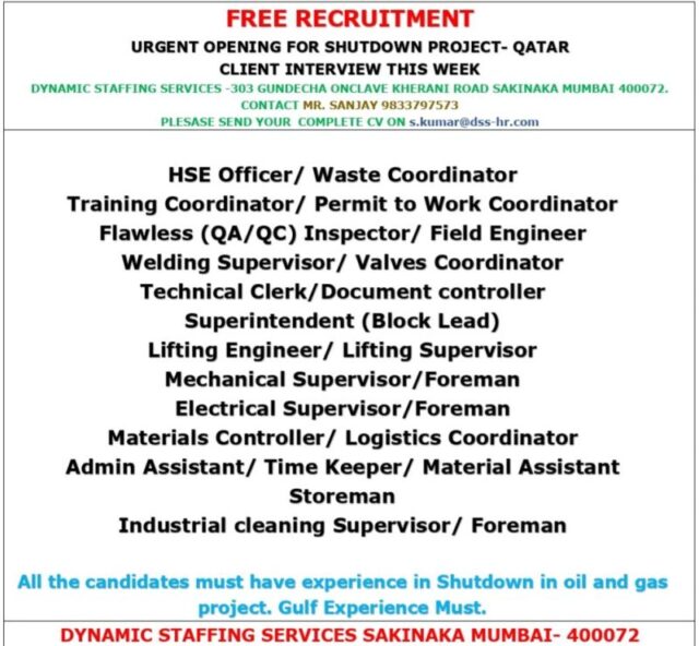Urgently required for Qatar Shutdown - Europe jobs Gulf jobs