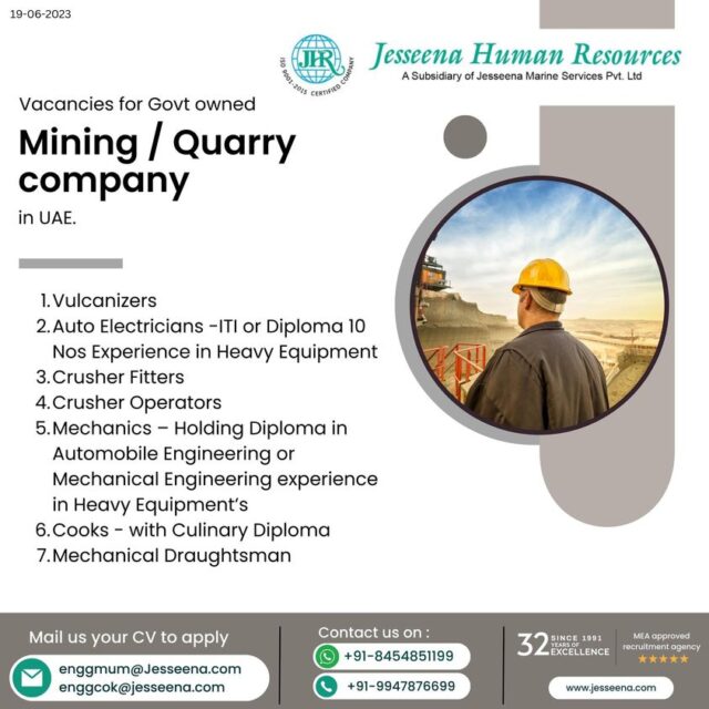 Vacancies for Govt owned Mining / Quarry company in UAE - Europe jobs Gulf jobs