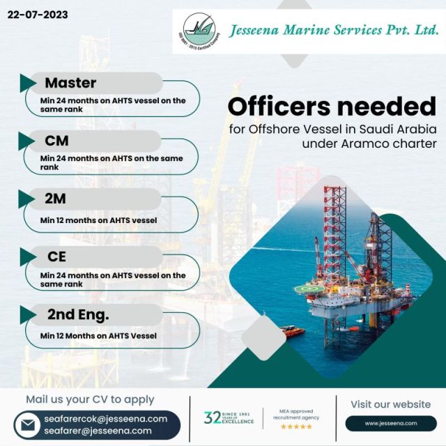 Officers needed for offshore vessel in saudi arabia under Aramco Charter - Europe jobs Gulf jobs