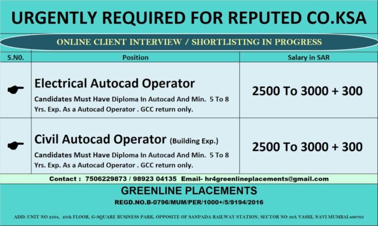 URGENTLY REQUIRED FOR REPUTED CO.KSA