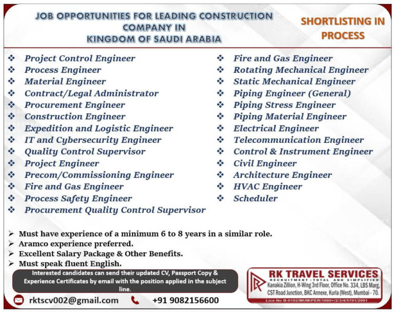 JOB OPPORTUNITIES FOR LEADING CONSTRUCTION COMPANY IN KINGDOM OF SAUDI ARABIA