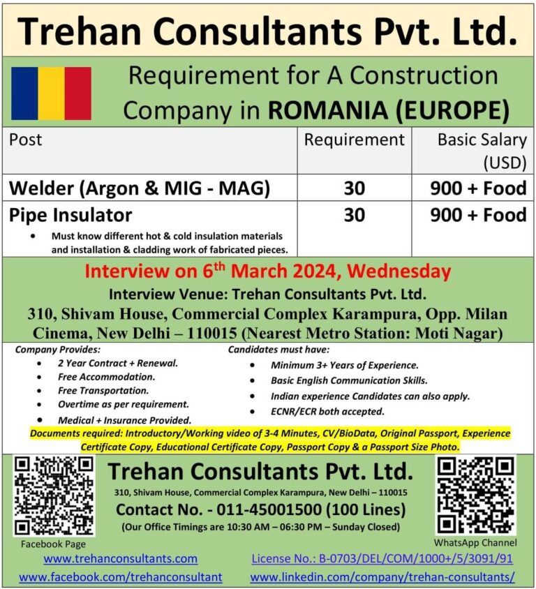 Requirement for A Construction Company in ROMANIA (EUROPE) - Interview Date : 6 March 2024, Wednesday