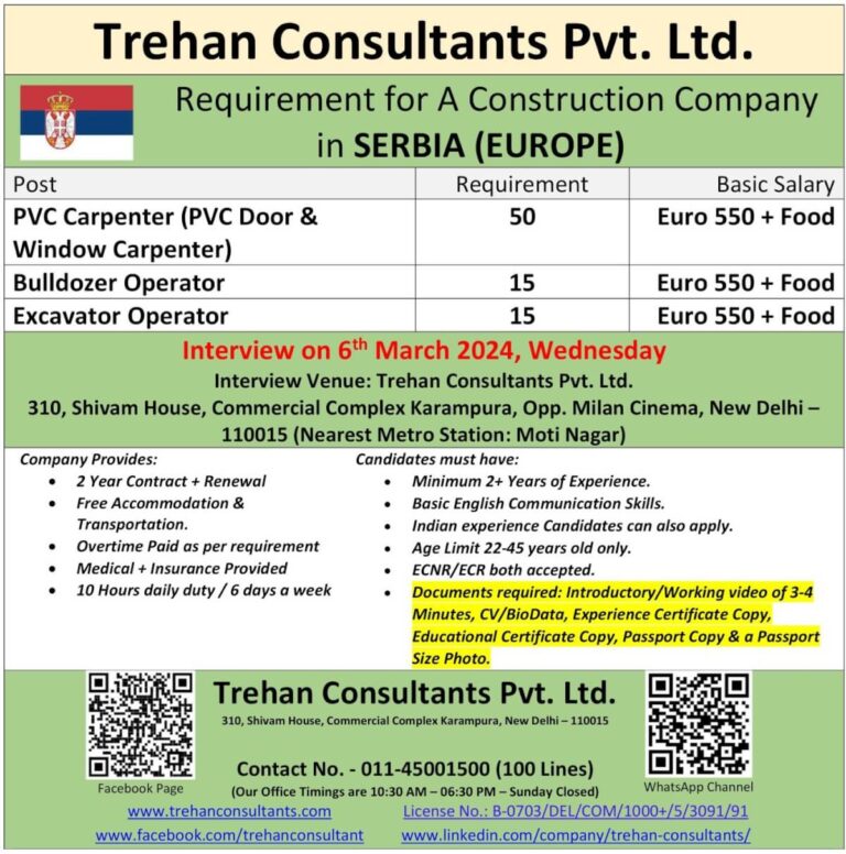 Requirement for A Construction Company in SERBIA (EUROPE) - Interview Date : 6 March 2024, Wednesday