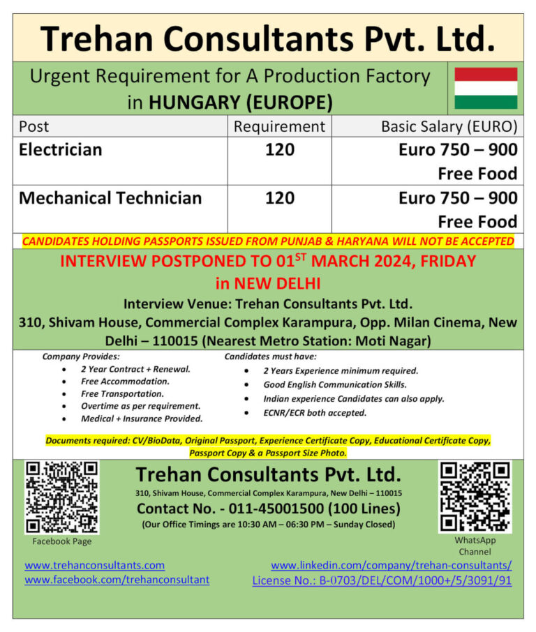 Requirement for A Production Factory in HUNGARY (EUROPE) - Interview Date : 1 March 2024, Friday