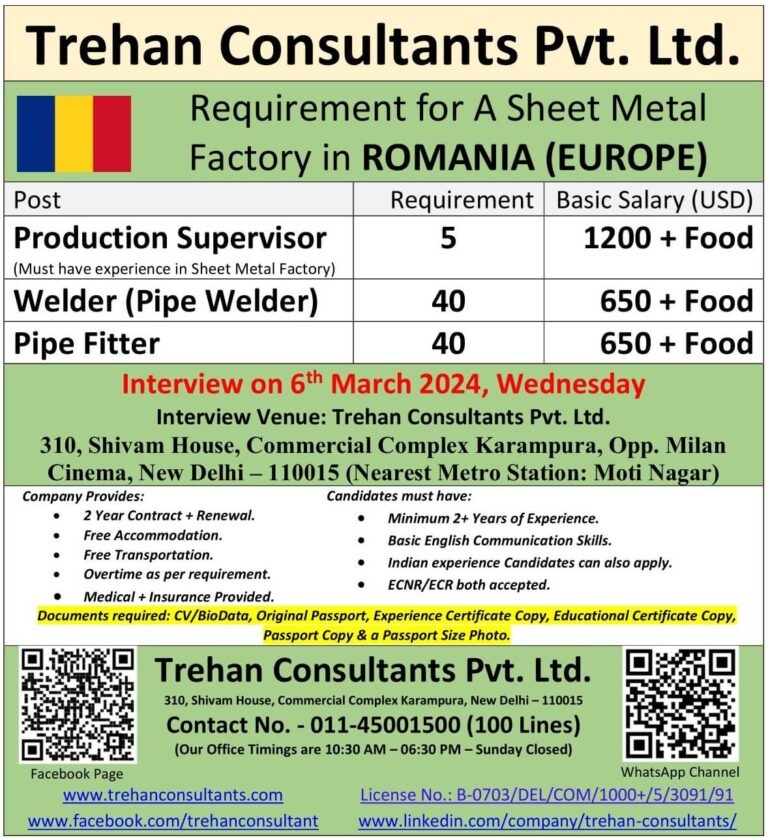 Requirement for A Sheet Metal Factory in ROMANIA (EUROPE) - Interview Date : 6 March 2024, Wednesday