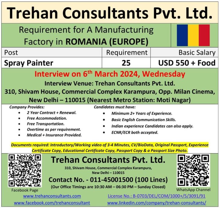 Requirement for a Manufacturing Factory in ROMANIA (EUROPE) - Interview Date : 6 March 2024, Wednesday