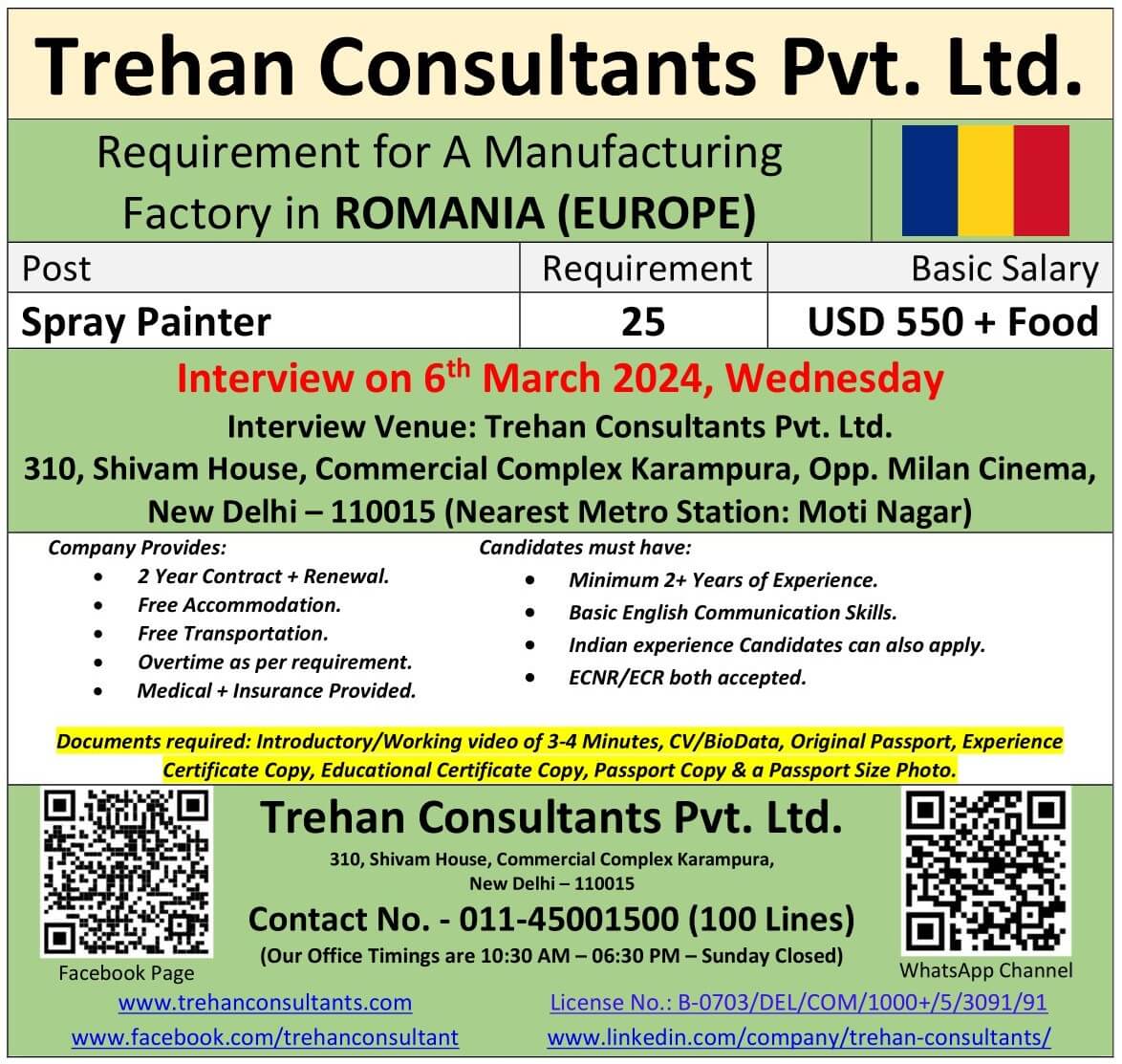 Requirement for a Manufacturing Factory in ROMANIA (EUROPE) - Interview Date : 6 March 2024, Wednesday