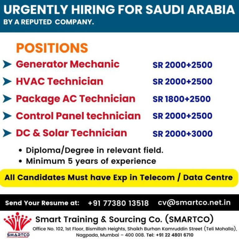 URGENTLY HIRING FOR BY A REPUTED COMPANY - SAUDI ARABIA