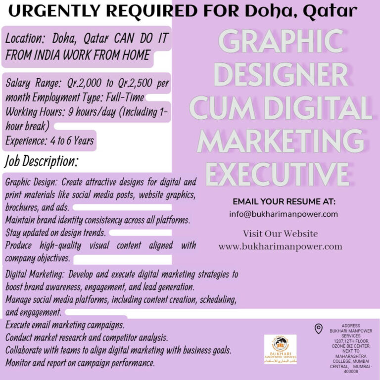 URGENTLY REQUIRED FOR Doha, Qatar  graphic-designer-cum-digital marketing executive