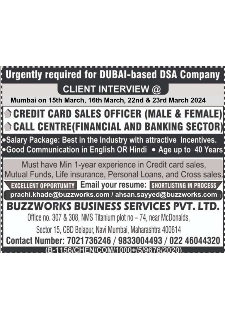 Sales Executive - Credit Card Sales - Assignment Abroad Times : Gulf job vacancy