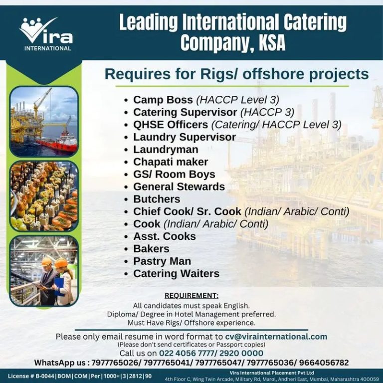 Catering jobs in saudi arabia - requires for rigs/ offshore projects