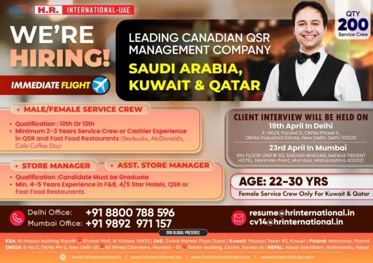 Job Opening For Saudi -Hiring service crew members & Store manager for a leading Canadian QSR management company.