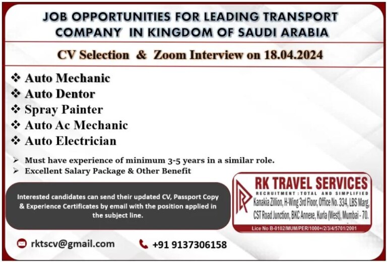 Job Vacancy For Leading Transport Company In Saudi Arabia