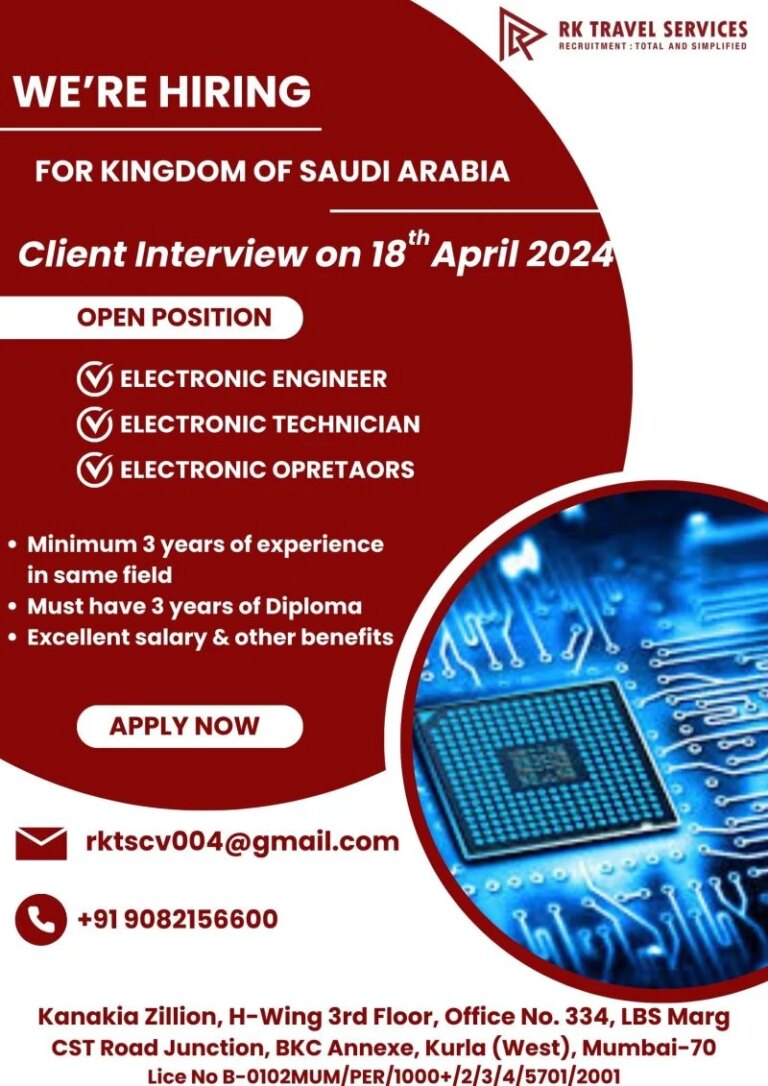 Recruiting Electronic Engineer/opretaors/technician For Saudi Arabia