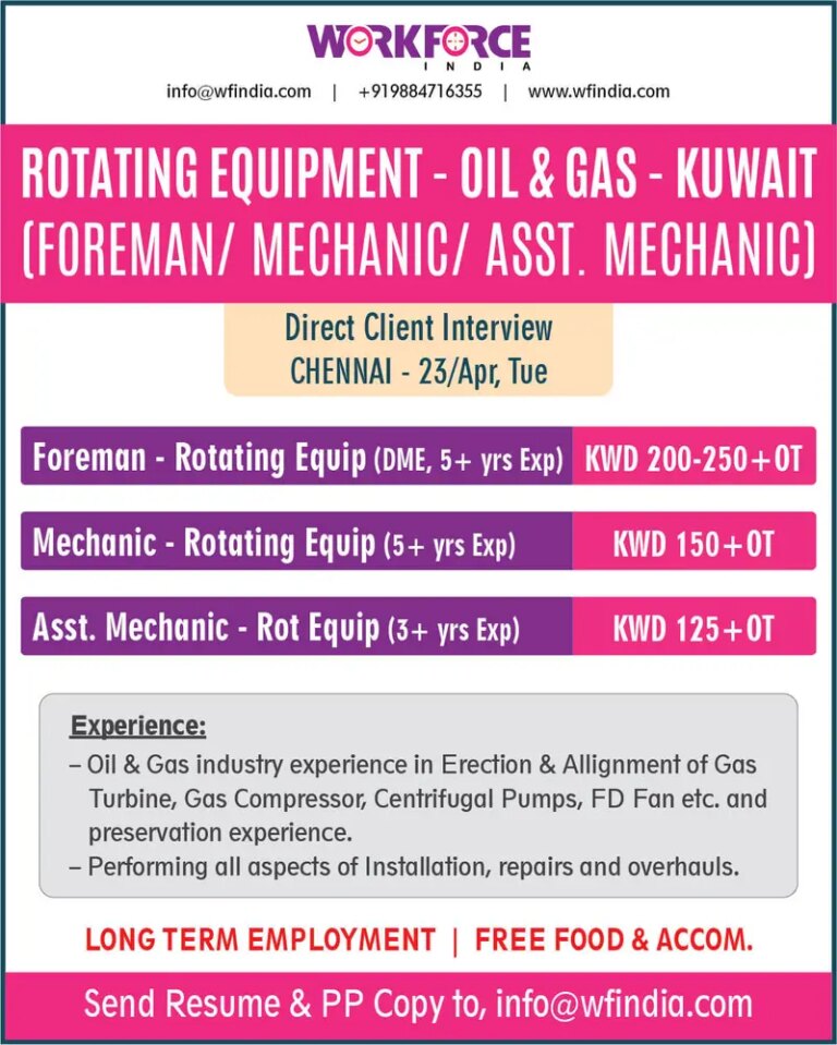Recruiting Rotating Equipment (Foreman/ Mechanic/ Asst. Mechanic) – Oil & Gas – Kuwait