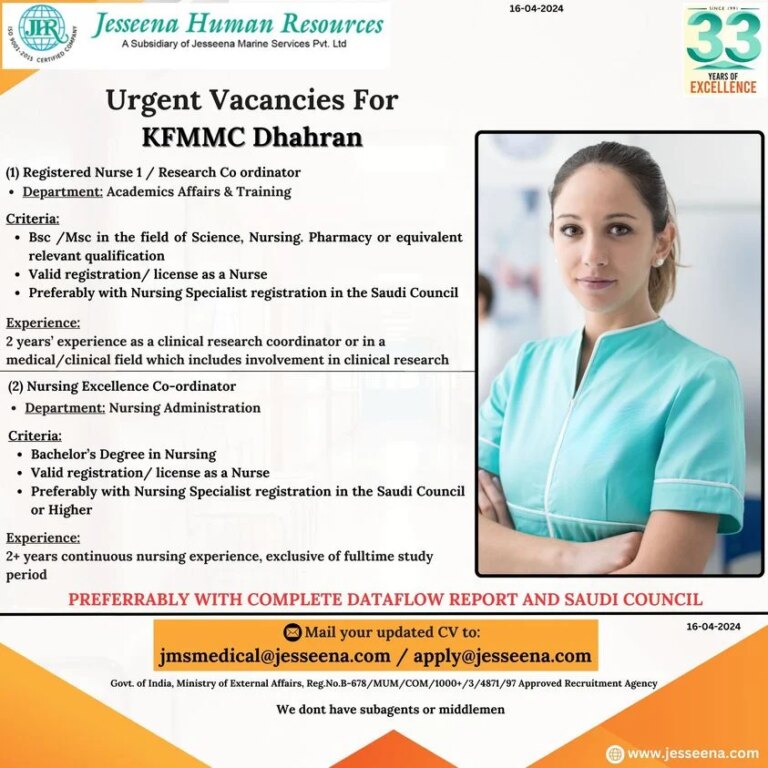 Urgent Job Vacancies For KFMMC Dhahran,Saudi Arabia