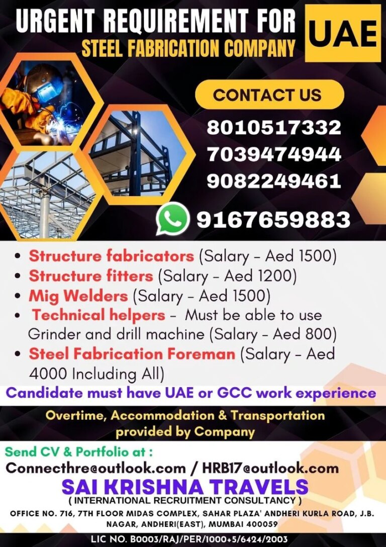 Urgent Requirement For UAE - Steel Fabrication Company Jobs