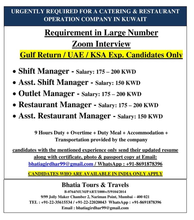 Urgently Required For A Catering & Restaurant Operation Company