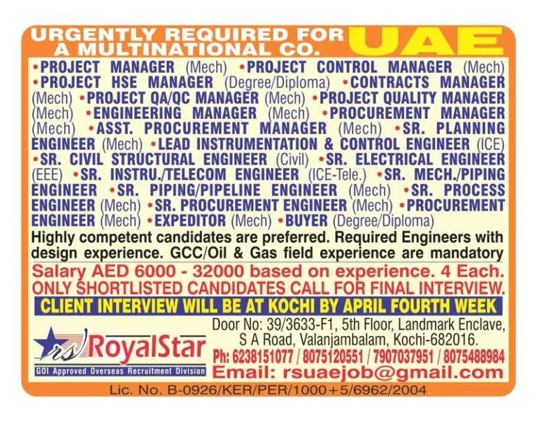 Urgently Required For A Multinational Company