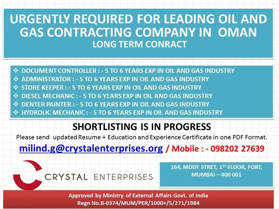 Oman - urgent hiring for leading oil and gas contracting company in oman